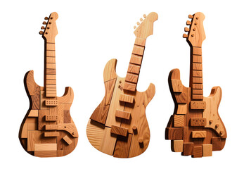Set of wooden guitars crafted from geometric wood blocks isolated on transparent background