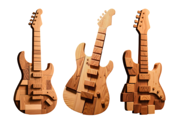 Set of wooden guitars crafted from geometric wood blocks isolated on transparent background