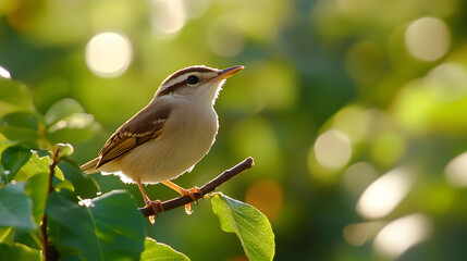 Fototapeta premium Small bird perches on a branch surrounded by green leaves and bokeh background.