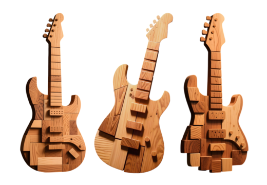Set of wooden guitars crafted from geometric wood blocks isolated on transparent background