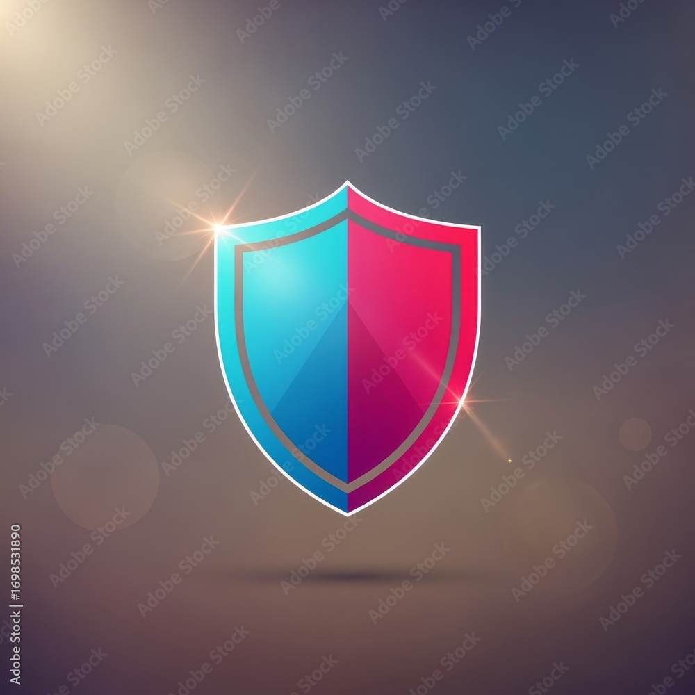 Aufkleber a stylized shield with blue and red halves floating against a blurred gradient background with light