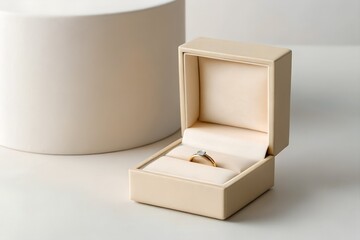 Beige Ring Box with Gold Ring on White Background