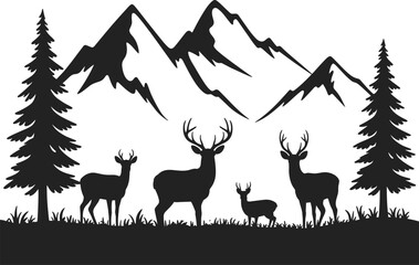  Silhouette of deer family in forest landscape with pine trees and mountains, wildlife nature scene, hunting background, wilderness illustration for decoration and design