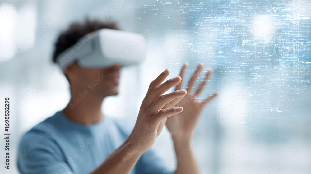 Poster software engineer wearing vr headset interacting with ai generated code in a bright office, experien