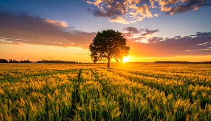 Solitary tree bathed in radiant sunlight over golden wheat field