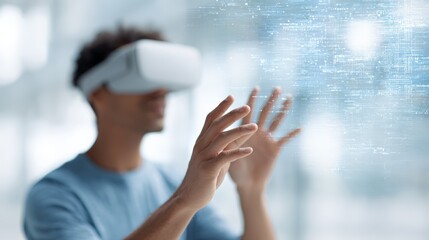 Software engineer wearing vr headset interacting with ai generated code in a bright office, experiencing the future of software development