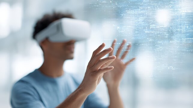Software engineer wearing vr headset interacting with ai generated code in a bright office, experiencing the future of software development