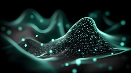 Digital wave horizon in electric cyan and black, soft ambient lights, open central focus 