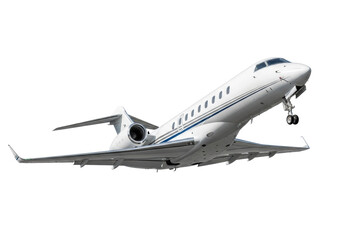 Sleek modern executive private jet, transparent with dark grey and blue stripes, twin engines, angled upwards on seamless bright white studio background, ample copy space, concept of luxury