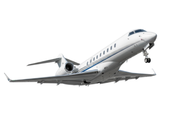 Sleek modern executive private jet, transparent with dark grey and blue stripes, twin engines, angled upwards on seamless bright white studio background, ample copy space, concept of luxury