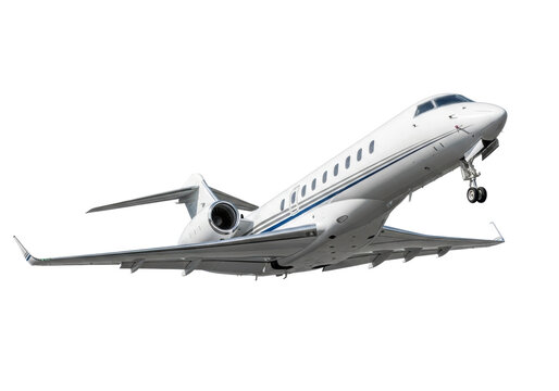 Sleek modern executive private jet, transparent with dark grey and blue stripes, twin engines, angled upwards on seamless bright white studio background, ample copy space, concept of luxury - Powered by Adobe