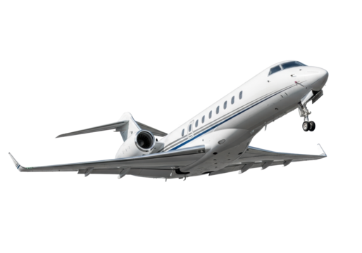 Sleek modern executive private jet, transparent with dark grey and blue stripes, twin engines, angled upwards on seamless bright white studio background, ample copy space, concept of luxury