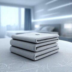 Stack of fresh folded towels, crisp white and light grey, for hospitality and comfort in a modern bedroom