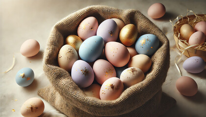 An image of rustic burlap sack filled with pastel-colored Easter eggs, each egg speckled with tiny gold flecks