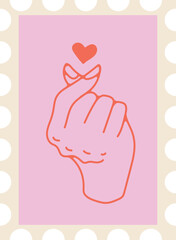 Obraz premium Post mark with Cute vector illustration of a hand gesture with heart symbol, minimalist pink background design for love, valentine, romantic and kawaii concepts.