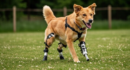 Dog with prosthetic legs running on grass