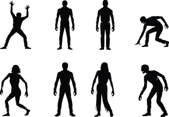  Silhouette vector illustration of zombie characters in different poses, horror monster design elements, scary undead figures, Halloween walking dead artwork collection
