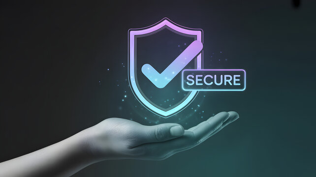 Digital Shield: A digital shield is held by a hand, with a check mark on the shield showing the security to everyone