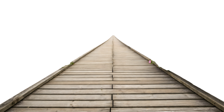 Long Wooden Walkway Extending to a white Background with a Single Pink Flower Near the Edge Light Brown Weathered Planks , png file 