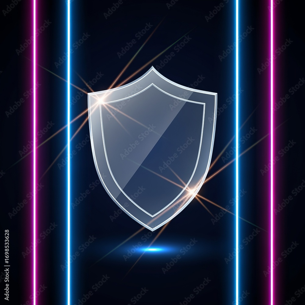 Aufkleber a shiny glass shield with neon light bars on a dark background with light rays emanating from it