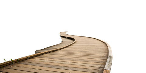 Gently curving light brown wooden walkway path on white background outdoor setting natural wood planks boardwalk design element png file , 