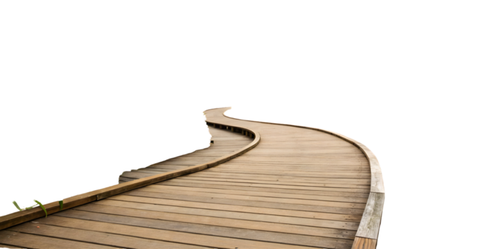 Gently curving light brown wooden walkway path on white background outdoor setting natural wood planks boardwalk design element png file , 