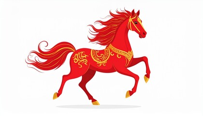 Flat vector illustration of the fire horse zodiac in red and gold, with simple Chinese New Year ornaments and clean background.