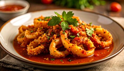 Sauteed squid in a vibrant tomato sauce