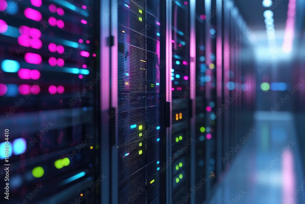 Poster purple and blue glowing server racks in a futuristic data center corridor, perfect for cloud computi