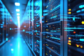Naklejka premium Futuristic server racks in a glowing blue data center corridor with digital light trails, ideal for Cloud computing, AI infrastructure, Cybersecurity, and technology concepts