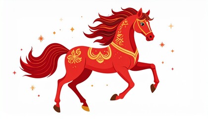 Flat vector illustration of the fire horse zodiac in red and gold, with simple Chinese New Year ornaments and clean background.