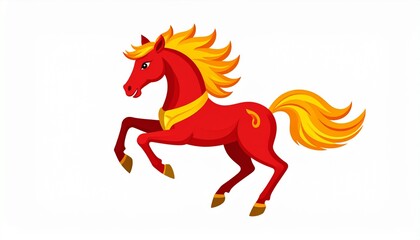 Flat vector illustration of the fire horse zodiac in red and gold, with simple Chinese New Year ornaments and clean background.
