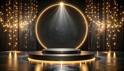 Black podium for product presentation with beautiful lights 