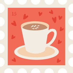 Cute flat illustration of a latte cup with hearts and foam art, perfect for cozy coffee decor and beverage graphics.