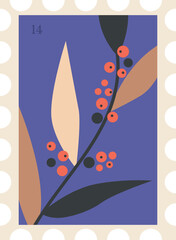 Abstract botanical illustration of stylized leaves and berries on bold background, ideal for seasonal modern decor.