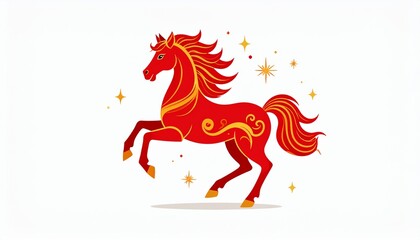 Flat vector illustration of the fire horse zodiac in red and gold, with simple Chinese New Year ornaments and clean background.