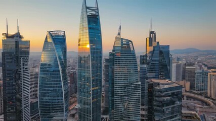 drone shot of modern skyscrapers in Istanbul. The golden hour light reflects beautifully on the glass buildings. - Powered by Adobe