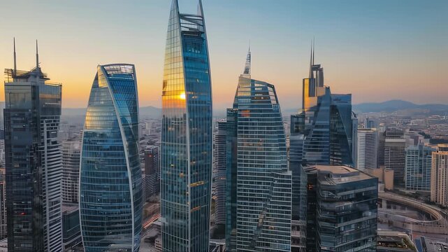 drone shot of modern skyscrapers in Istanbul. The golden hour light reflects beautifully on the glass buildings.