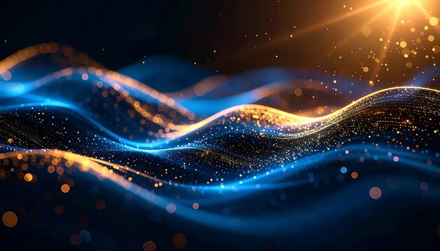 Abstract digital art with undulating blue and gold light trails, illuminated dots, and a bright, central sunburst - Powered by Adobe