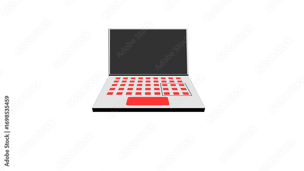 Poster modern minimalist laptop with red keyboard and trackpad on a stark black background