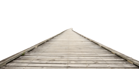Grey Weathered Wooden Walkway Extending to Vanishing Point Against Black Background Long Perspective View of Rustic Plank Path Isolated on Dark Backdrop
