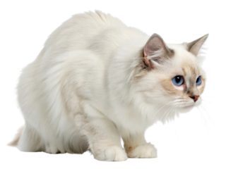 Beautiful birman cat with striking blue eyes displays playful and curious demeanor while preparing to pounce