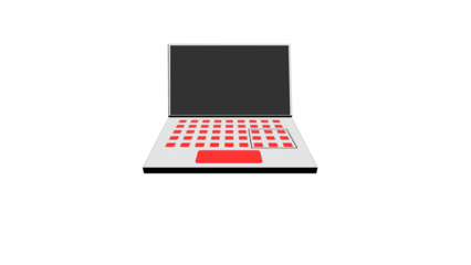 Modern minimalist laptop with red keyboard and trackpad on a stark black background