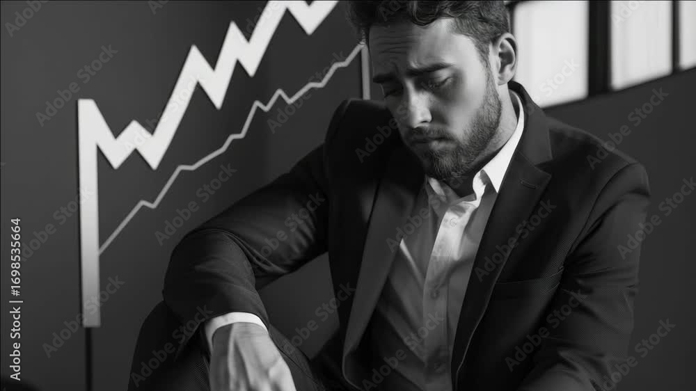 Poster Man in suit deep in thought on a financial graph backdrop.