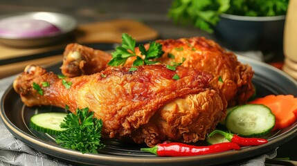 Two pieces of crispy fried chicken leg served with fresh vegetables on a dark plate for lunch