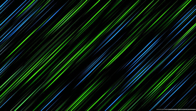 Abstract lines in shades of vibrant blue and lively green diagonally cross a deep black background, creating a modern, dynamic visual effect. 