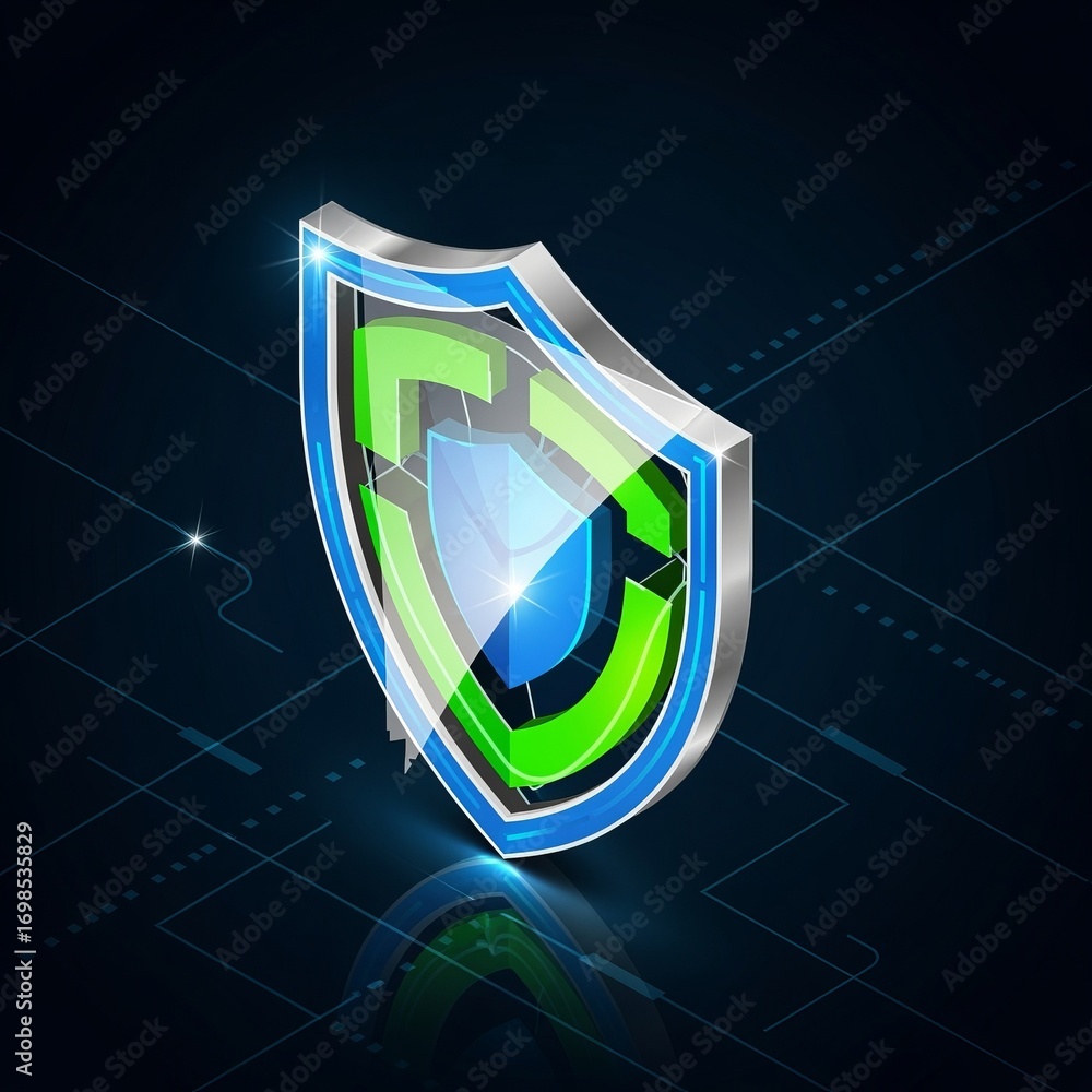 Poster a glossy shield with green and blue accents on a dark background with grid lines and a reflective su