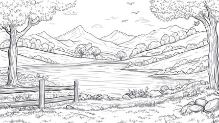 Obraz premium Peaceful lakeside landscape drawing