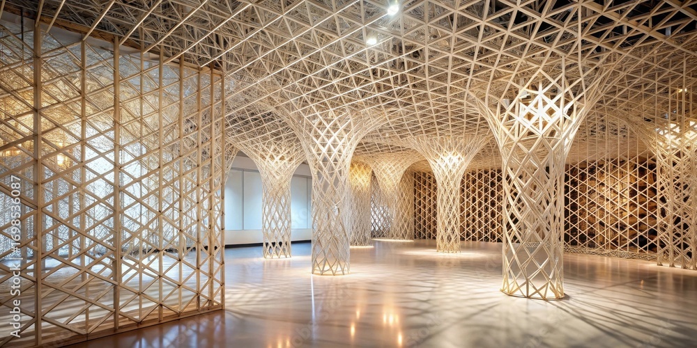 Poster intricate latticework creates an ethereal and modern interior space with architectural columns and w