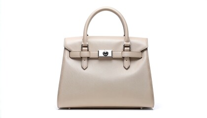 A sophisticated, light beige leather handbag boasts a structured silhouette and subtle metallic hardware accents.